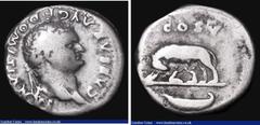 Ancient Coins Roman Denarius Domitian, Obverse: Laureate head right, CAESAR AVG F DOMITIANVS, Reverse: She-wolf and twins left, boat below, COS V, RIC 961, RSC 51, Sear 2639, 2.99 grammes, About Fine