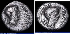 Ancient Coins Roman Republic Denarius Marc Antony and Julius Caesar, (43BC) Obverse: Bare head of Marc Antony right, M ANTON IMP before, lituus behind, Reverse: Laureate head of Julius Caesar right CA