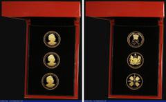 World Cased St. Helena 2018 The Queen Elizabeth II Sapphire Jubilee Collection a 3-coin set in gold comprising Guineas (3) 2018 Reverse: Crowned ER monogram, 2018 Reverse: Four shields in cruciform wi