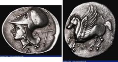 Ancient Coins Ancient Greece - Corinth, Akarnania, Leukas, Silver Stater, Pegasus, (3rd to 4th Century BC) Obverse: Pegasus left with Λ below, Reverse: Helmeted head of Athena left with mast behind, L