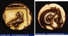 Ancient Coins Ancient Greece - Lesbos, Mytilene Electrum Hekte (c.377-326BC) Obverse: Head of Apollo right, Reverse: Eagle stand right. With head turned to left, within an incuse square, 2.54 grammes,