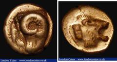 Ancient Coins Ancient Greece - Lesbos, Mytilene Electrum Hekte (c.521-478BC) Obverse: Head of Ram right, Reverse: Incuse head of roaring lion, 2.41 grammes, Bodenstedt 16, Fine