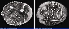 Ancient Coins Celtic - Iceni Silver Unit C.10-43AD Obverse: Double opposed crescents, Reverse: Horse, right with ECEN below (mostly off the flan) 1.25 grammes S.436 Good Fine/Fine