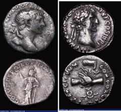 Ancient Coins Roman Denarius (2) Nerva, Obverse: Laureate head right IMP NERVA CAES AVG P M TR P COS II P P, Reverse: Clasped hands holding legionary eagle resting on prow, CONCORDIA EXCERCITVVM RIC 3