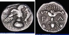 Ancient Coins Ancient Greece Olympia - Elis, Silver Drachm (244-208BC) 134th to 143rd Olympiad, Obverse: Eagle flying right, tearing at hare with talons, Reverse: Thunderbolt, with flames and pomegran