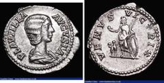 Ancient Coins Roman Denarius Plautilla (202-205AD) Obverse: Draped bust right, PLAVTILLA AVGVSTA, Reverse: Nenus standing left, holding apple and palm, leaning on shield, Cupid at her feet, RIC 369, R