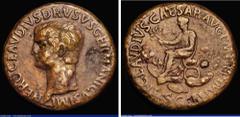 Ancient Coins Roman Sesterius Nero Claudius Drusus (41.42AD) Obverse: Bare head left, NERO CLAVDIVS DRVSUS GERMANICVS IMP, Reverse: Claudius, togate, seated left on curule chair, holding branch, arms 
