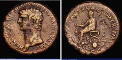 Ancient Coins Roman Sestertius Nero Claudius Drusus (41-42AD) Obverse: Bare head left NERO CLAVDIVS DRVSVS GERMANICVS IMP, Reverse: Claudius, togate, seated left on curule chair, holding branch, arms 