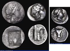Ancient Coins Ancient Greece (3) Knidos, Caria Ar Hemidrachm (325-300BC) Obverse: Head of Aphrodite right, Reverse: Three-quarter facing head of a bull, head turned slightly right, 1.2 grammes, SNG He