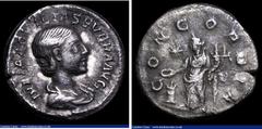 Ancient Coins Roman Denarius Aquilia Severa (221AD) Obverse: Draped bust right, IVLIA AQVILIA SEVERA AVG, Reverse: Concordia standing left by altar, holding patera and double cornucopia, Star in upper