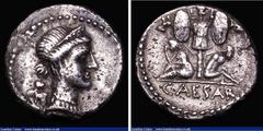 Ancient Coins Roman Denarius Julius Caesar (46-45BC) Spanish Mint, Obverse: Diademed head of Venus right, Cupid on her shoulder,. Reverse: Gallia and Gaulish captive seated below trophy of Gallic arms