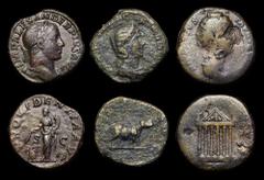 Ancient Coins Roman Sestertius (3) Faustina I Posthumous issue (after 141AD) Obverse: draped bust right, Reverse: Temple with statues as acroteria, RIC 1148, 19.15 grammes, Fair, legends illegible, Se