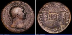 Ancient Coins Roman Sestertius Trajan Obverse: Bust right, laureate, IMP CAES NERVAE TRAIANO AVG GER DAC P M TR P COS V P P, Reverse: Single-span bridge over river Danube, tower at each end & boat ben