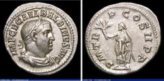 Ancient Coins Balbinus. Ar denarius. C, 238 AD. Rev; P M TR P COS II P P, emperor standing facing, head left, holding branch and parazonium. RIC 5. Nice central coin. 3.00g. VF