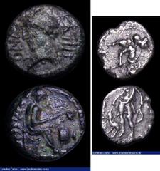 Ancient Coins Celtic (2) Trinovantes Catuvellauni, Cunobelin Ar Unit Obv: CVNOBELINVS Hunter carrying dead animal, Rev: TASCIOVANI Hunter with bow, dog at side (S.317) VF on a short flan, Rare, Ae Uni