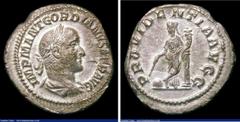 Ancient Coins Gordian II Africanus. Ar denarius. C, 238 AD. Rev; PROVIDENTIA AVGG; Providentia stdg l leaning on colomn globe at feet. RIC 1. RARE. 2.01g. VF