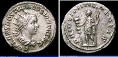 Ancient Coins Hostilian. Ar antoninianus. C, 251 AD. Rev; PRINCIPI IVVENTVTIS, Hostilian standing l., holding standard and spear. RIC 181d. Grainy surface. 2.98g. NVF