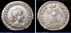 Ancient Coins Valentinian II. Ar siliqua. C, 364-375 AD. Rev; VICTORIA AVGGG; Victory standing left, holding palm branch and wreath, A Q PS in ex. RIC 26b. 1.86g. VF