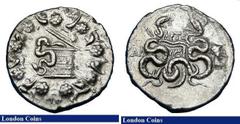 Roman and Ancient Coins Tetradrachm Ar. Lydia. Tralles. C, 128-85 BC. Obv; Cista Mystica with serpent, all within ivy wreath. Rev; Bow case with serpent, magistrates name above. Waddington, Inventory 