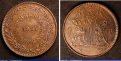 World Coins St. Helena, British East India Company Coinage Halfpenny 1821 in bronze, reverse inverted, design as the KM#4a Proof issue (Proof Issue is reverse upright) unlisted as a currency piece by 