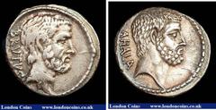 Ancient Coins Denarius Ar. Q. Servilius Caepio Brutus. C, 54 BC. Rome mint. Obv; Bare head of L. Junius Brutus right; BRVTVS.. Rev; Bare head of C. Servilius Ahala right; AHALA. Crawford 433/2. Toned.