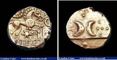 Ancient Coins Stater Au. Iceni. Freckenham type. C, 45-40 BC. Obv; Opposed crescents with triple pellets. Rev; Horse r, star motif below. VA 620-7. Centrally struck. 5.20g. EF.
