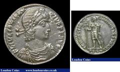 Ancient Coins Miliarense Ar. Constantius II. C, 340-350 AD. Thessalonica mint. Rev; TRIVMFATOR GENTIVM BARBARVM; Constantius standing left wearing military attire holding signa in right hand; TES in e