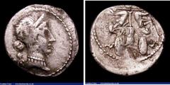 Ancient Coins Roman Denarius Julius Caesar (46-45 BC), Lifetime issues Sear 357 Obverse Diademed Head of Venus, right with small Cupid at shoulder, Reverse Gaulish Captives seated at foot of trophy, F