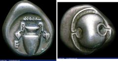 Ancient Coins Greek Ar Stater Boeotia, Thebes, mid 4th century BC, Boeotian shield, Rev amphora, club above, vine leaves at handles, E-E in field (GCV 2400v) VF on an irregular flan, struck in high re