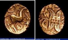 Ancient Coins Au Quarter stater. Iceni. Early Uninscribed. C, mid to late 1st Century BC. Irstead type. Obv; hatched box and wreaths. Rev; horse right, ring ornaments above and below. ABC 1474; VA 628