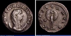 Ancient Coins Mariniana. Ar antoninianus. C, 253-257 AD. Rev; CONSECRATIO, peacock in splendour looking right. RIC 4. Dark tone. 2.27g. G Fine/VF