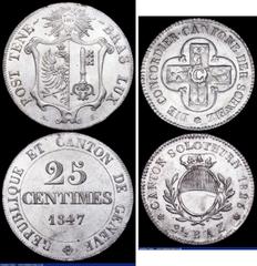 World Coins Swiss Cantons (2) Solothurn 2 1/2 Batzen 1826 KM#81 UNC and lustrous with traces of gold toning and signs of the under-struck coin still visible in parts, Geneva 25 Centimes 1847 Billon A-