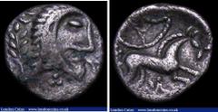 Ancient Coins Celtic. Iceni. Ar unit. "Boudicca" type. C, 61 AD. Obv; Stylised head right, trefoil in front, wreath behind. Rev; Horse right, triangular shape within pelleted arc above, lozenge-shaped