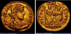 Ancient Coins Gold Solidus Gratian Mid 373-April 375AD, Obverse: DN GRATIANVS PF AVG, pearl diademed, draped and cuirassed bust right, Reverse VICTORIA AVGG, Two emperors enthroned facing, holding glo