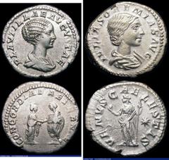 Ancient Coins Roman Denarii (2) Plautilla (198-211AD) Obverse: Bust right, draped PLAVTILLAE AVGVSTA, Reverse: Plautilla and Caracalla clasping hands. 3.42 grammes, RSC 10, RIC 361, NVF. Julia Soaemia