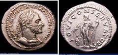 Ancient Coins Roman Denarius Macrinus (217-218AD) Obverse: Bust right, laureate and cuirassed, IMP C M OPEL SEV MACRINVS AVG, Reverse Jupiter standing left with thunderbolt, sceptre and small figure o