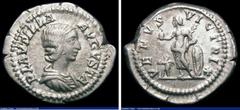 Ancient Coins Roman Denarius Plautilla (198-211AD) Obverse: Bust right, draped PLAVTILLA AVGVSTA, Reverse: Venus standing left holding apple and palm, leaning on shield, Cupid at her feet, VENVS VICTR