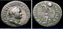 Ancient Coins Roman Denarius Titus (79-81AD) Obverse: Laureate head right, IMP TITVS CAES VESPASIAN A[ ], Reverse Bound captive in front of trophy TR P VIIII IMP XIIII COS VII P P, 2.92 grammes, RIC 3
