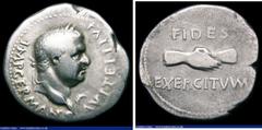 Ancient Coins Roman Denarius Vitellius (69AD) Obverse: Bust right laureate, A VITELLIVS IMP GERMAN, Reverse: Clasped hands FYDES EXERCITVM, RIC 28, RSC 31A, 3.42 grammes, Fine