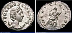Ancient Coins Roman Antoninianus Herennia Etruscilla, Antioch Mint, 250-251AD, Obverse: Bust right with hair in ridged waves, Reverse: PVDICITIA AVG Pudicitia seated left. Drawing veil from face RIC 6