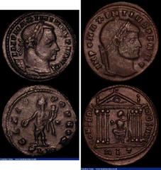 Ancient Coins Roman (2) Follis Maxentius (306-312AD) Obverse: Bust right, laureate IMP C MAXENTIVS PF AVG, Reverse Roma looking left in hexastyle temple with knobs as acroteria, holding globe and spea