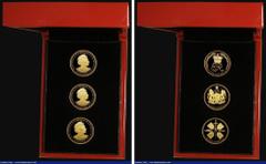 World Cased St. Helena 2018 The Queen Elizabeth II Sapphire Jubilee Collection a 3-coin set in gold comprising Guineas (3) 2018 Reverse: Crowned ER monogram, 2018 Reverse: Four shields in cruciform wi