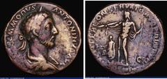 Ancient Coins Roman Sestertius Commodus AD181 Obverse: Laureate and draped bust right M COMMODVS ANTONINVS AVG. Reverse: Jupiter standing left, holding sceptre, protects Rome's new Emperor Commodus, t