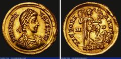 Ancient Coins Ancient Rome Gold Solidus Honorius (395-396AD) Milan Mint, Obverse: Bust right pearl-diademed, draped and cuirassed VICTORI - A, Reverse: Honorius standing right holding plain standard a