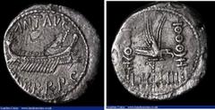Ancient Coins Ancient Rome Legionary Denarius Marc Antony (c.32-31BC) Obverse: Praetorian Galley right ANT AVG III VIR R P C, Reverse: Legionary eagle between two standards LEG XIII , RSC 42, 3.35 gra