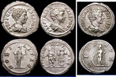 Ancient Coins Roman Ar Denarius (3) Geta (200-202AD) Obverse: Draped bust right P SEPT GETA CAES PONT, Reverse: Geta in Military dress, standing left with baton and sceptre, trophy behind, PRINC IVVEN