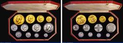 English Coins Proof Set 1911 Long Set (12 coins) comprising Gold Five Pounds, Gold Two Pounds, Sovereign , Half Sovereign Halfcrown, Florin, Shilling, Sixpence and Maundy Set, the Five Pounds with a s