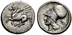 GRIECHISCHE MÜNZEN KORINTHIA Korinthos (D) Stater (8,10g), ca. 345-307 v.Chr. Av.: Pegasos n.l. Rv.: Kopf der Athena mit korinthischem Helm und Lorbeerkranz n.l., davor A, darunter P, dahinter Aegis. 