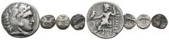 ANTIKE LOTS Varia und Lots. Lot Griechen (4). Kleines Lot aus 4 Kleinsilbermünzen: 1x Drachme von Alexandros III. (subaerat, keltische Imitation), 1x Hemiobol von Athen und 2x Hemiobole von Tenedos. U