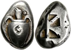 GRIECHISCHE MÜNZEN AIGINA. Aigina. (D) Stater (12,15 g), ca. 525-480 v. Chr. Av.: Wasserschildkröte. Rv.: Quadratum Incusum. Meadows, Gruppe IIb, HGC 6, 430. Gegenstempel (Traube) und Punze im Av. Dun